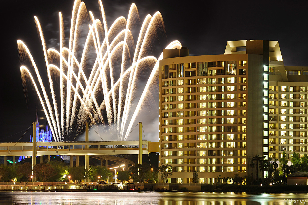 Bay Lake Tower | Outside View With Fireworks At The Sky