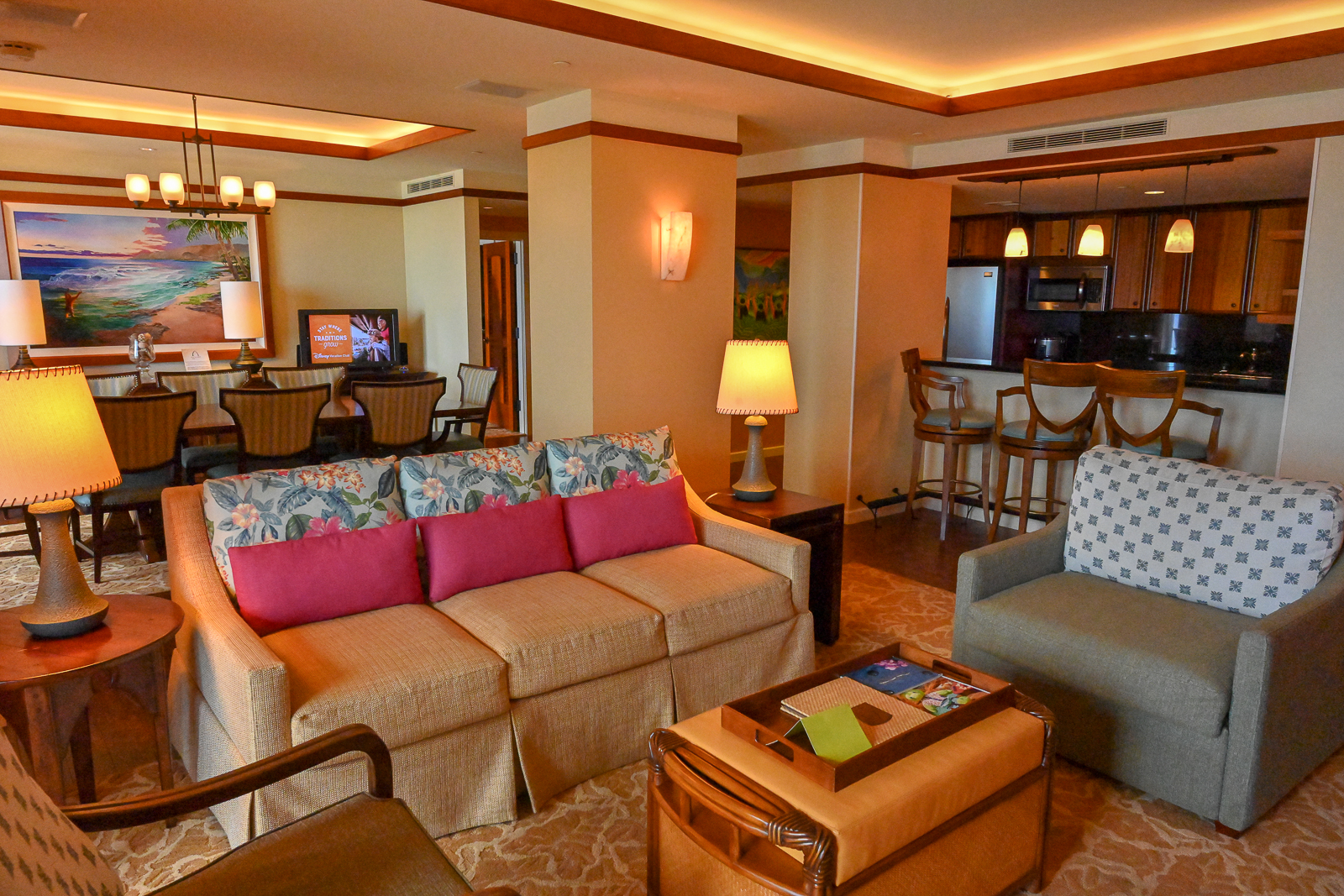 Aulani Grand Villa | A Cozy Room Showing the Living, Kitchen and Dining  Area