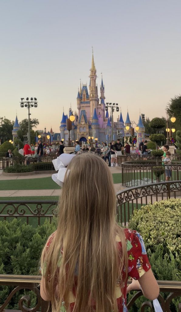 Child looking at Cinderella Castle decorated for Christmas at Magic Kingdom during Mickey’s Very Merry Christmas Party