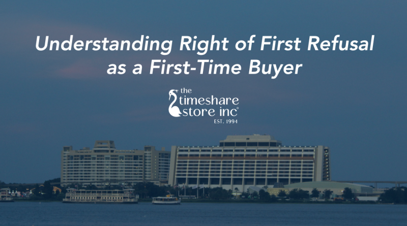 Disney’s Contemporary Resort across Bay Lake at sunset with text overlay reading ‘Understanding Right of First Refusal as a First-Time Buyer’ and The Timeshare Store, Inc.